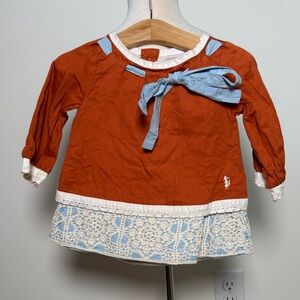 Charming Kids' Rust and Blue Blouse with Lace Detail